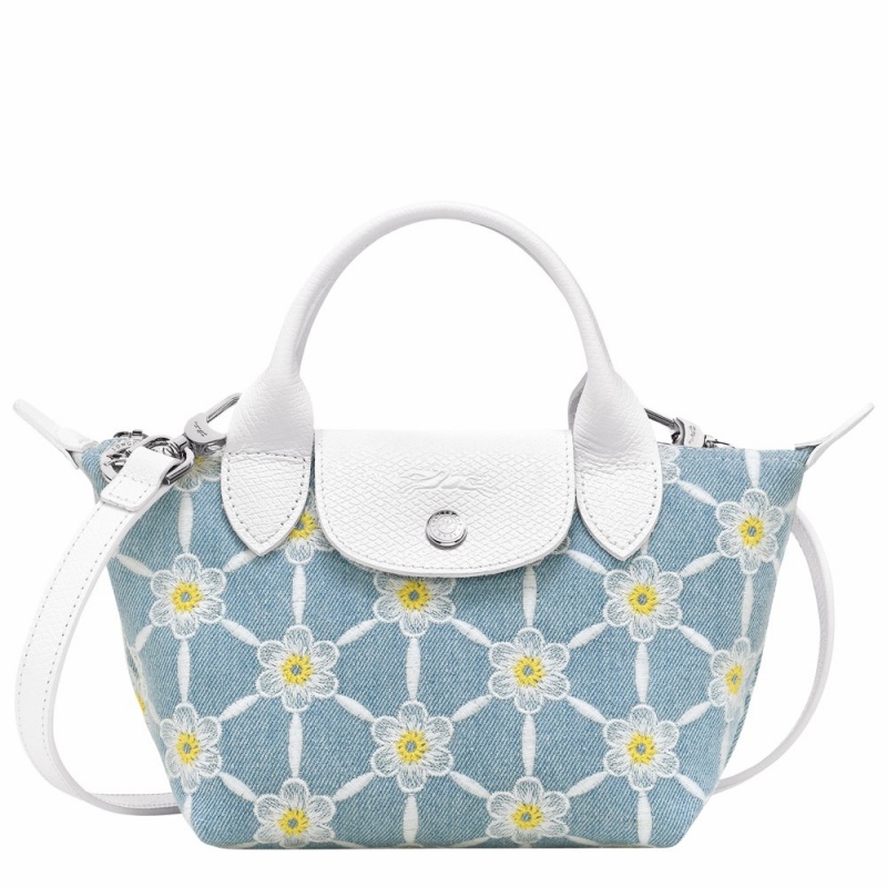 Blue White Longchamp Le Pliage XS Women's Handbags